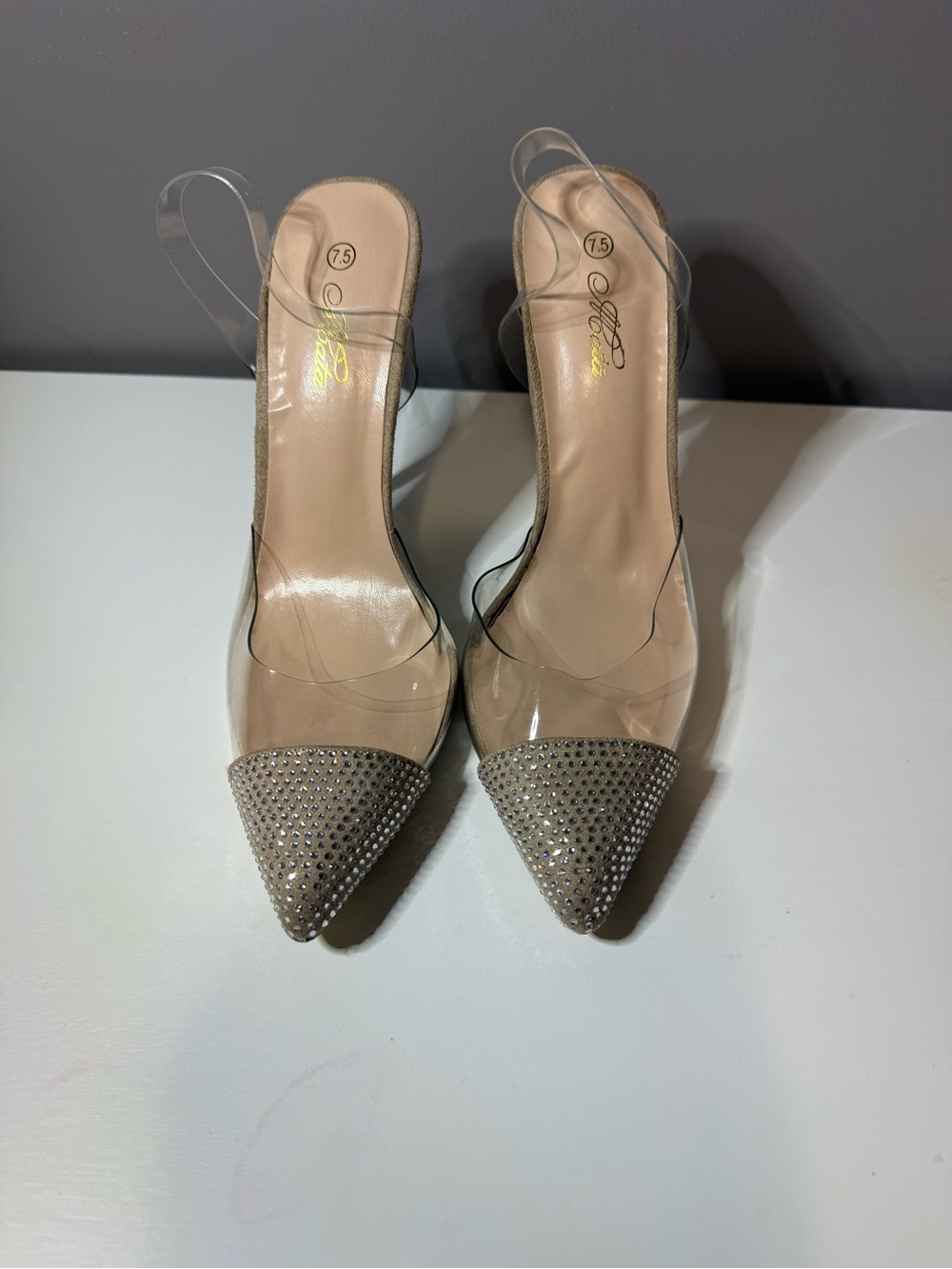 Clear Slingback Pointed-Toe Heels with Embellished Taupe Toe - Unbranded